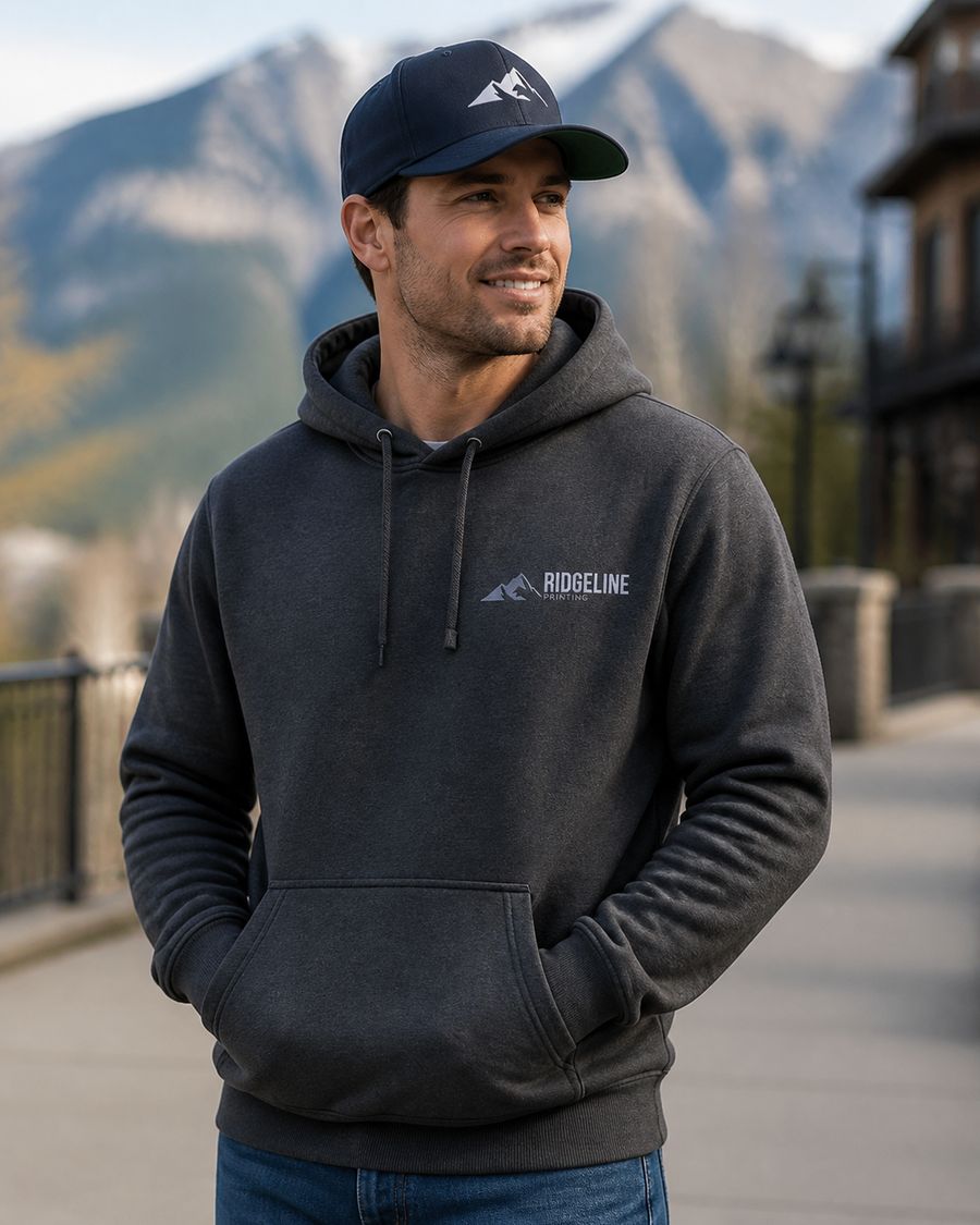A man in a charcoal Ridgeline hoodie and navy cap, with mountains behind him