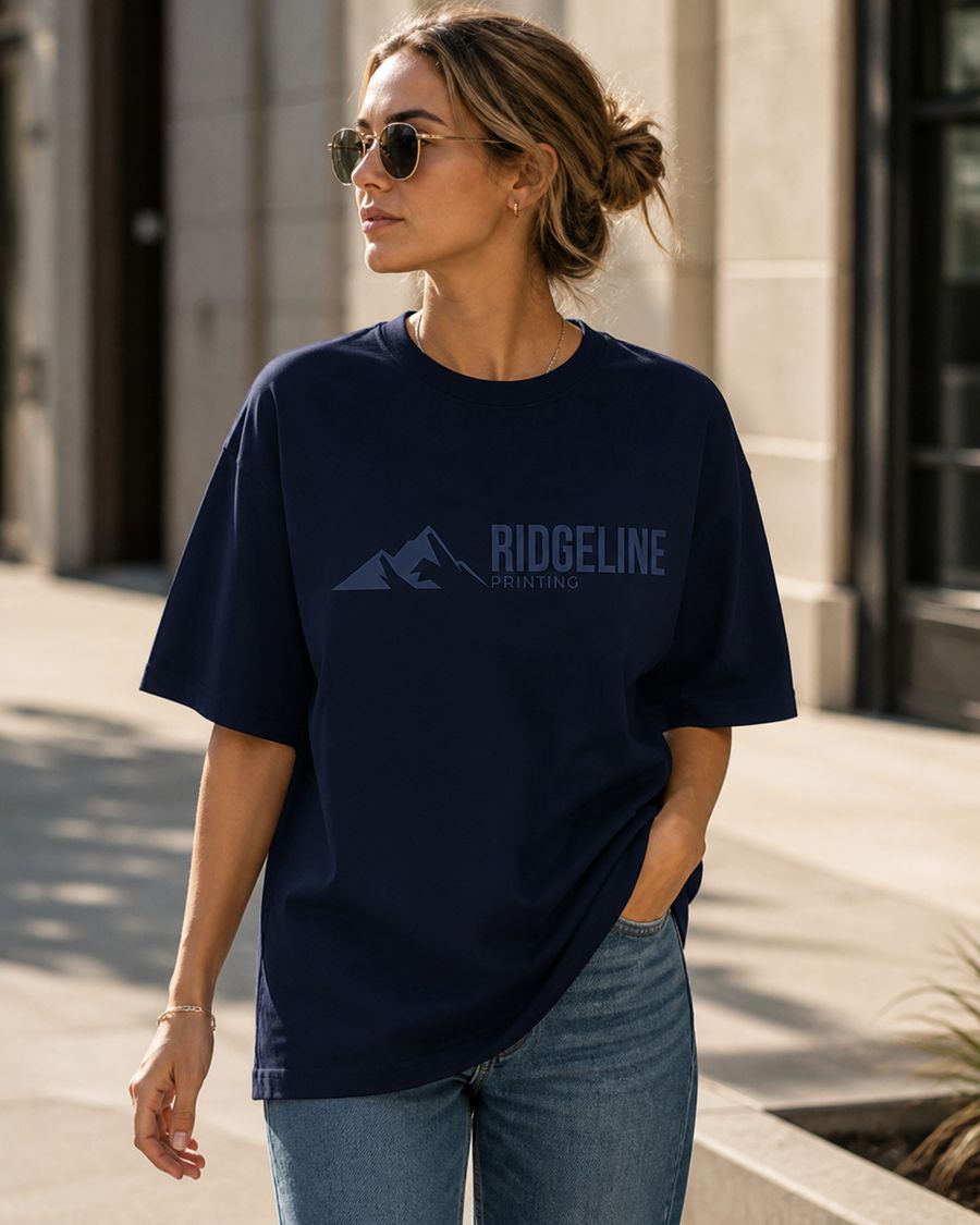 A woman in a navy Ridgeline tee on a sunny sidewalk