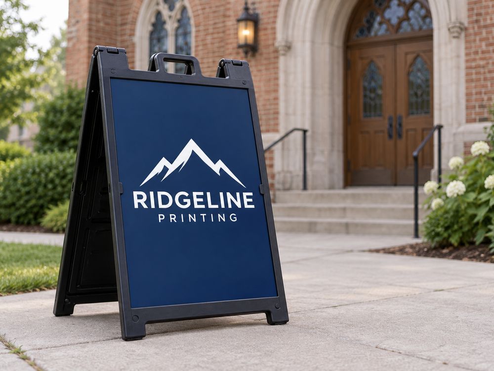 A navy Ridgeline insert in a black Signicade A-frame sign outside a church