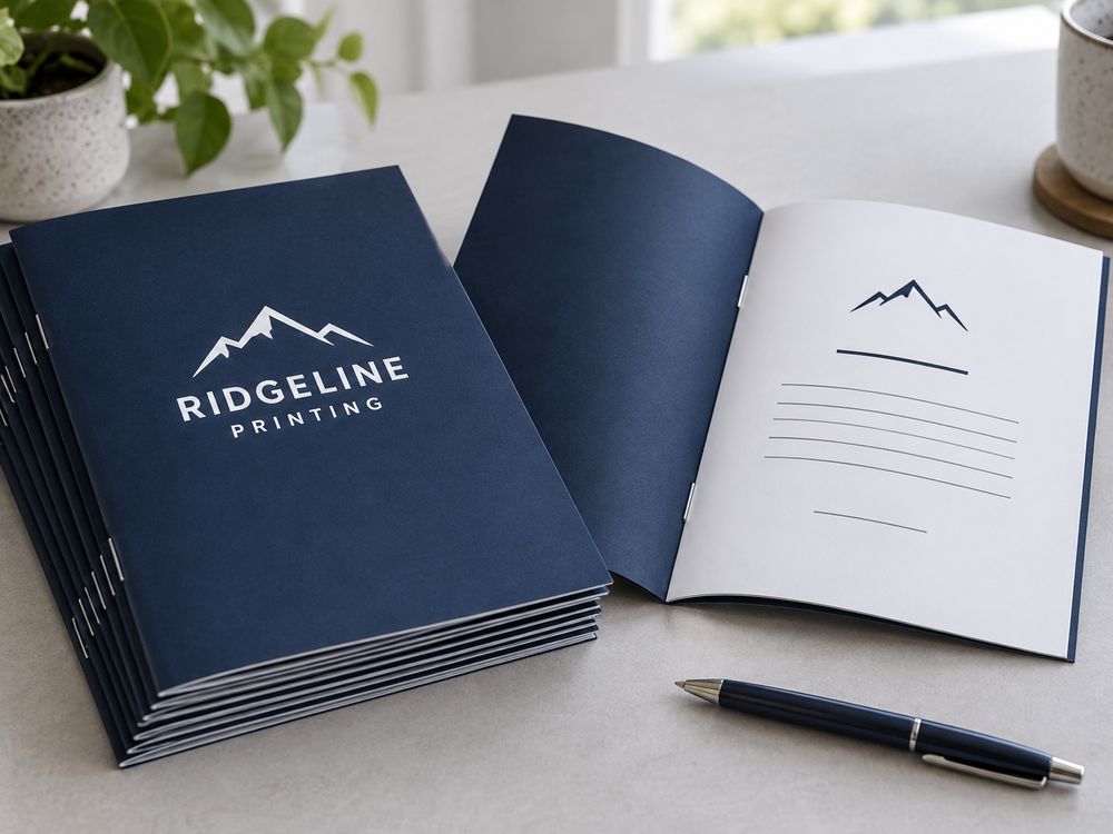 Navy Ridgeline saddle-stitched church program booklets with one open