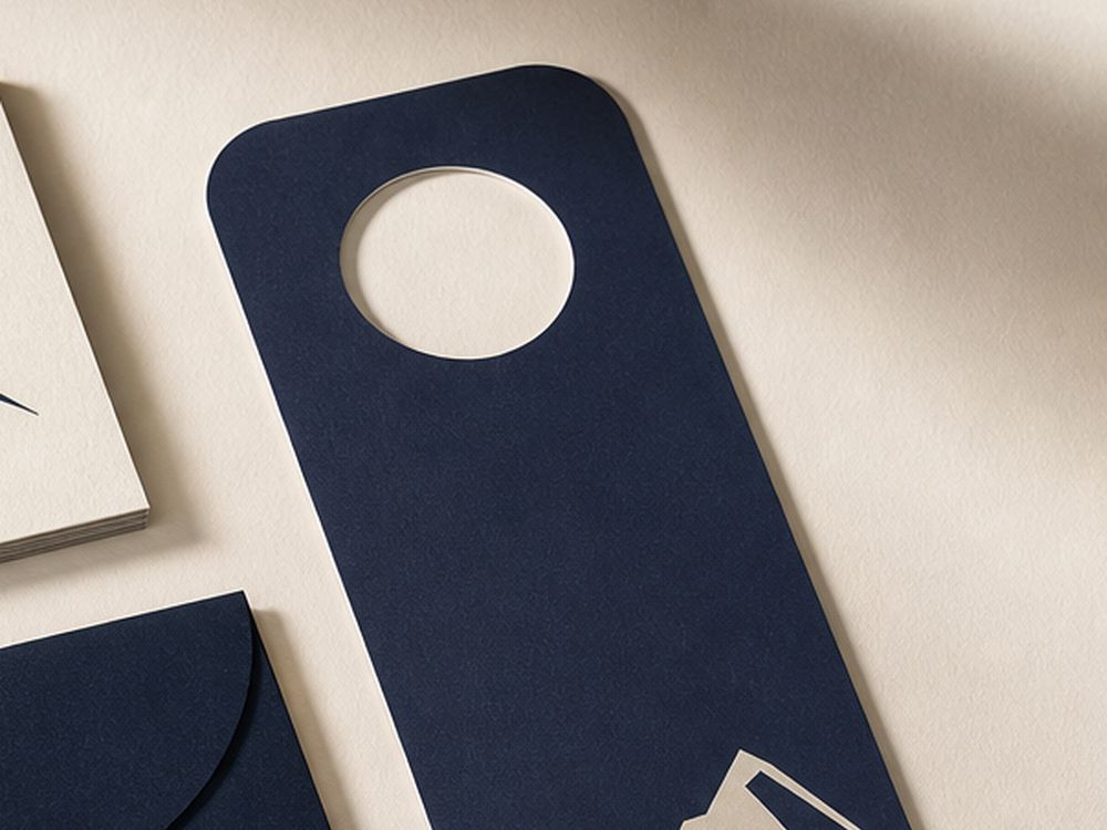 A navy Ridgeline door hanger with a cream mountain mark