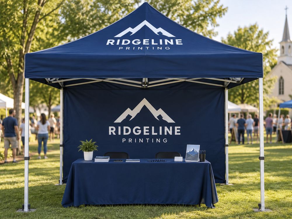 A navy Ridgeline event tent with a white mountain logo set up at a church community event