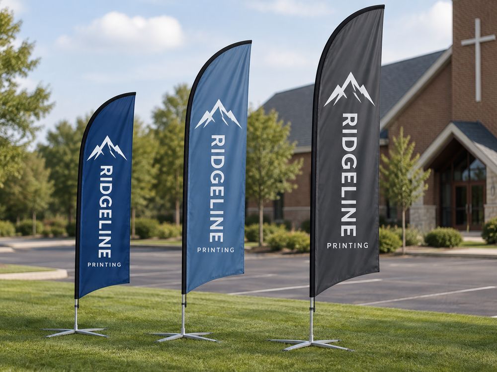 Three navy, steel blue, and charcoal Ridgeline feather flags at a church parking lot entrance