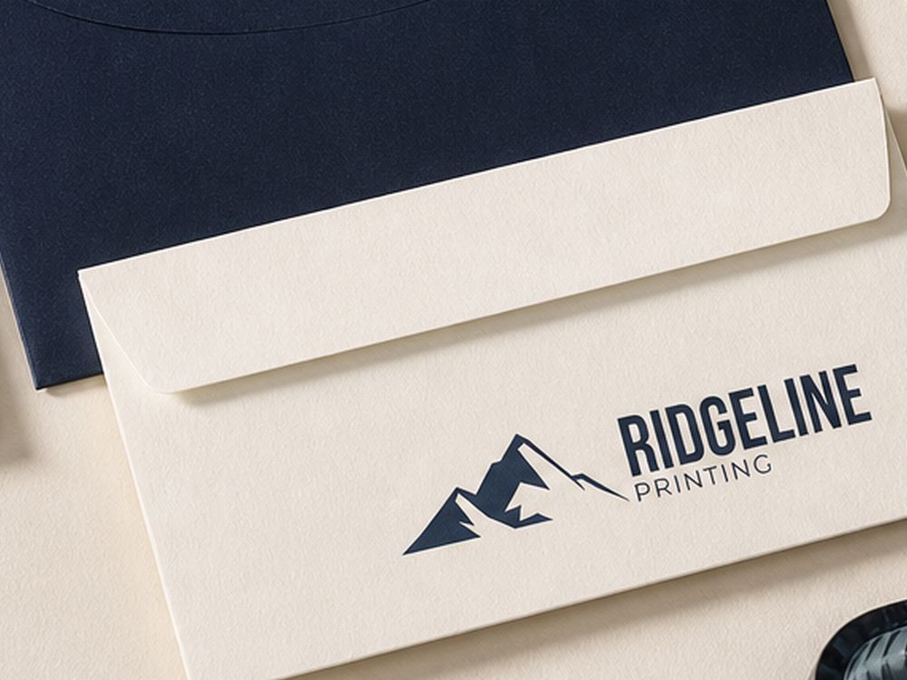 A cream envelope printed with the Ridgeline mountain logo