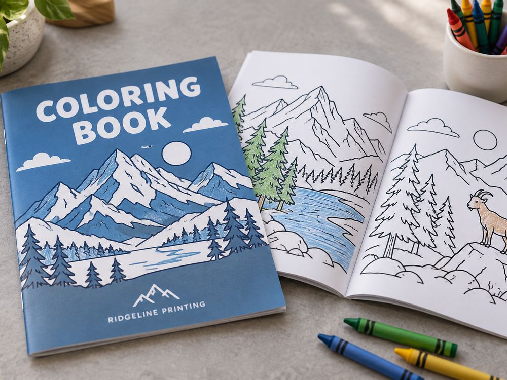 A Ridgeline coloring book with crayons, one copy open