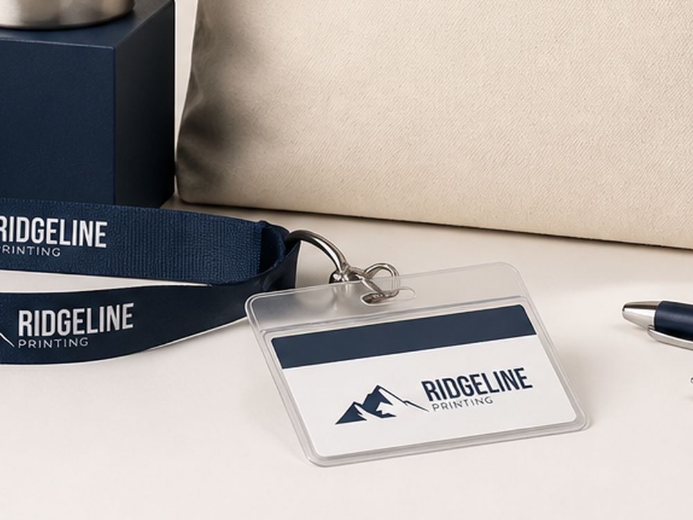 A navy Ridgeline lanyard and clear name badge