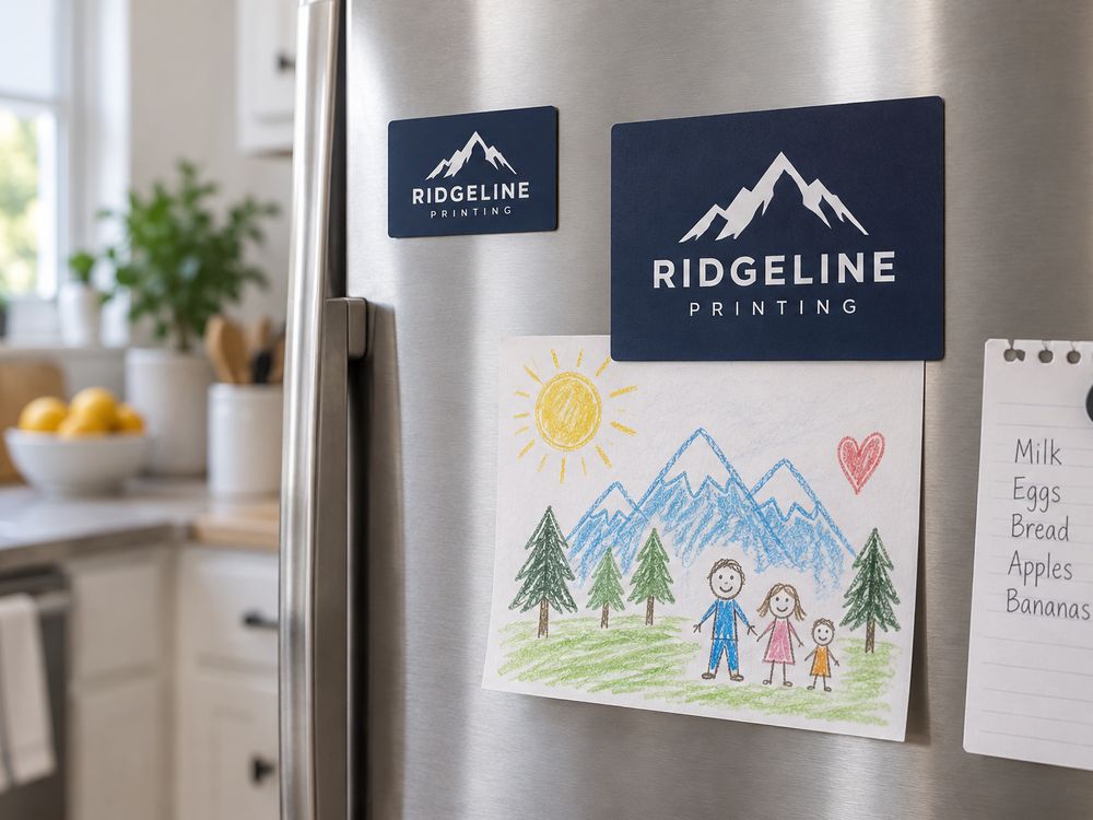 Navy Ridgeline magnets on a refrigerator holding a child’s drawing