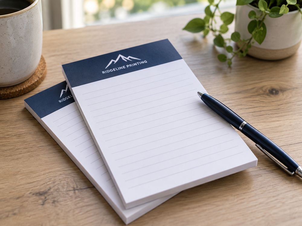 Ridgeline branded notepads with a navy header band and a pen