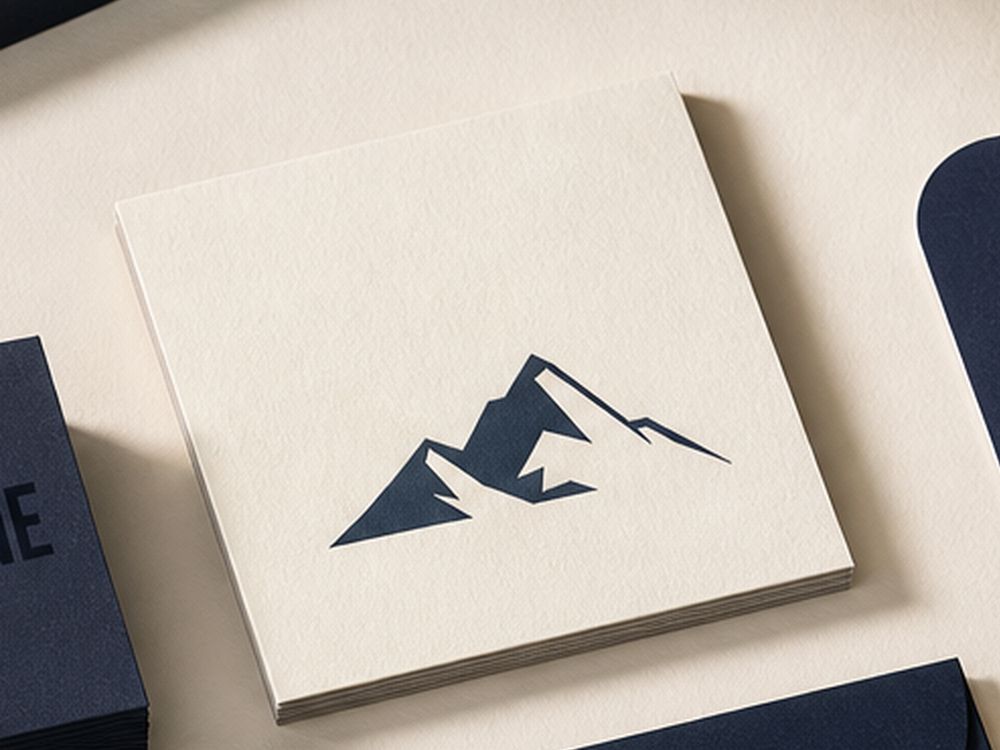 A square cream Ridgeline card with a navy mountain mark