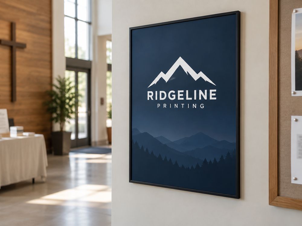 A framed navy Ridgeline poster on a church lobby wall