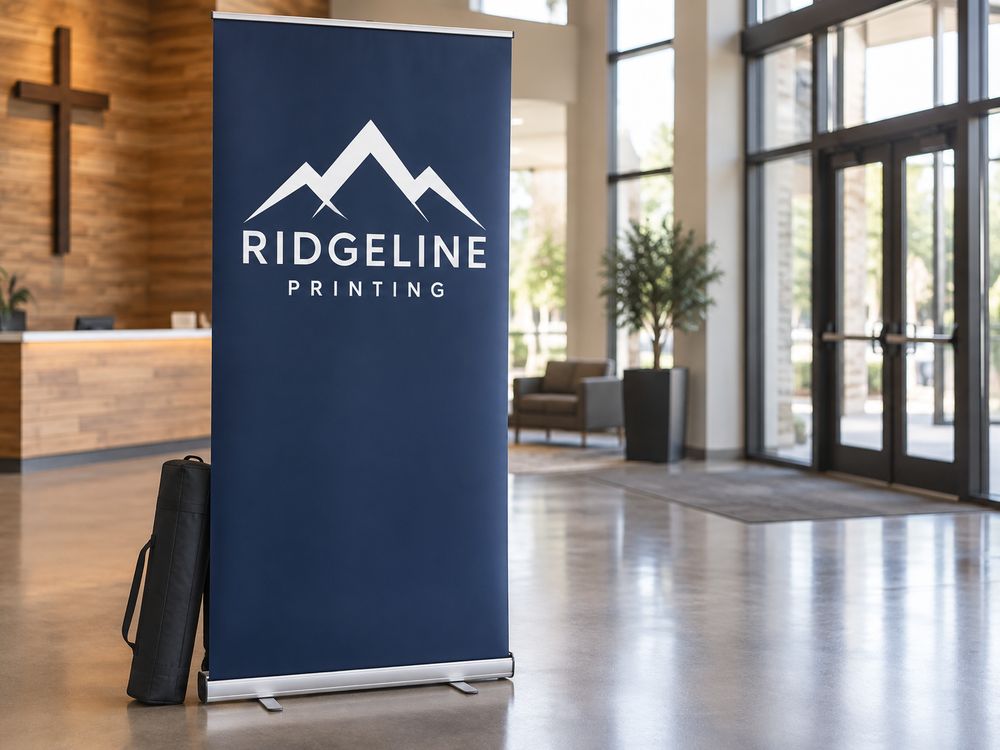 A navy Ridgeline retractable banner stand in a church lobby