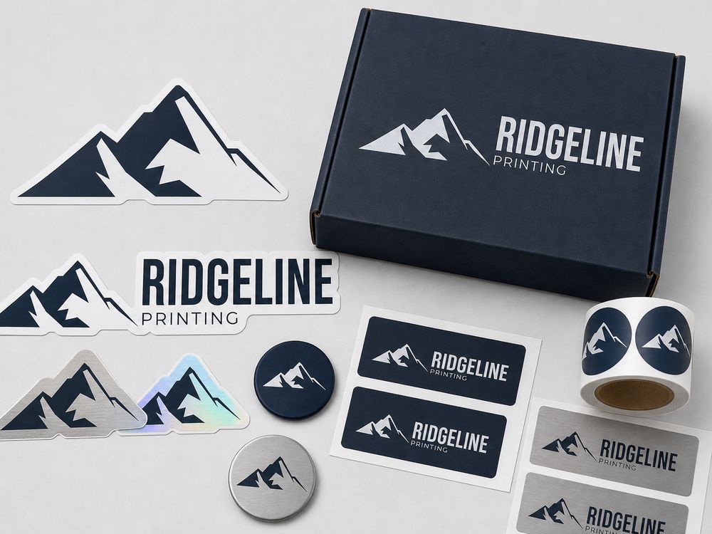 Ridgeline die-cut stickers, label rolls, and a mailer box