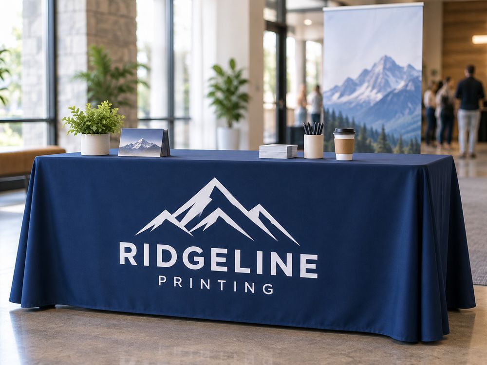 A navy Ridgeline table throw on a church welcome table
