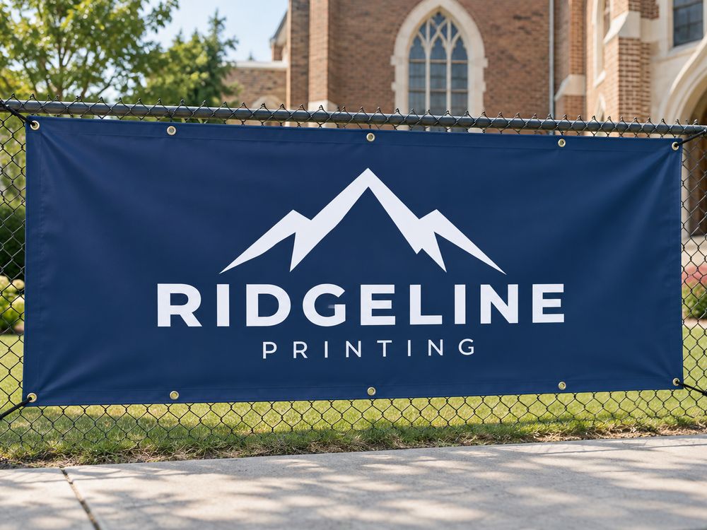 A navy Ridgeline vinyl banner with grommets tied to a fence in front of a church
