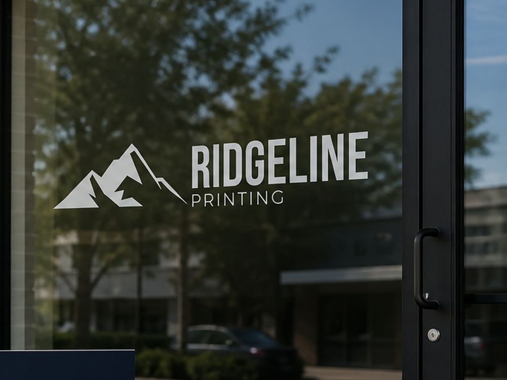 A white Ridgeline logo on a storefront window