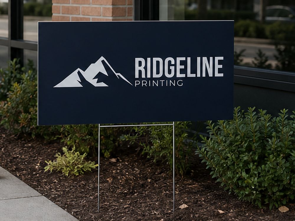 A navy Ridgeline yard sign on a wire stake in front of a storefront