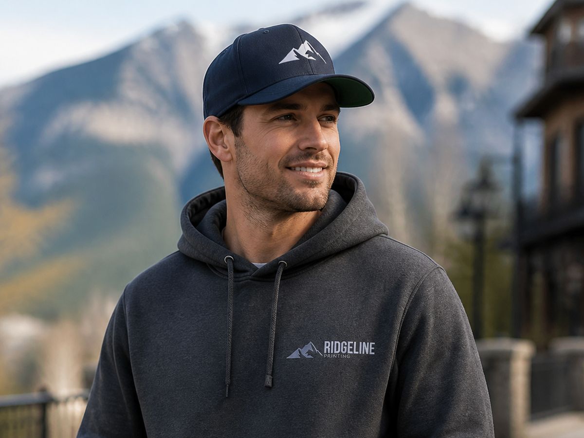 A man in a charcoal Ridgeline hoodie and navy cap in front of mountains